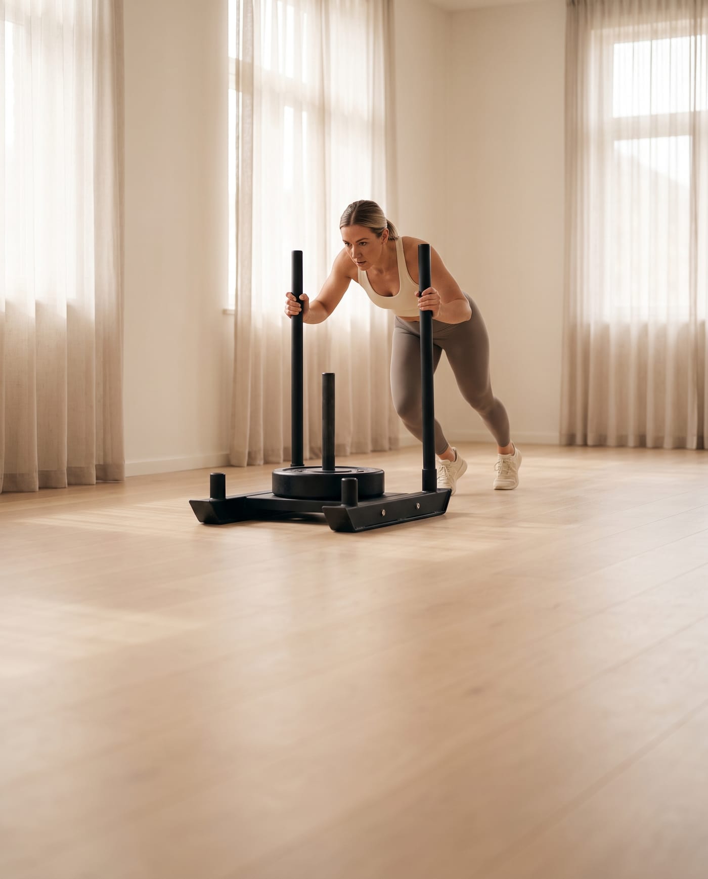 An athlete driving a weighted sled across a bright studio floor