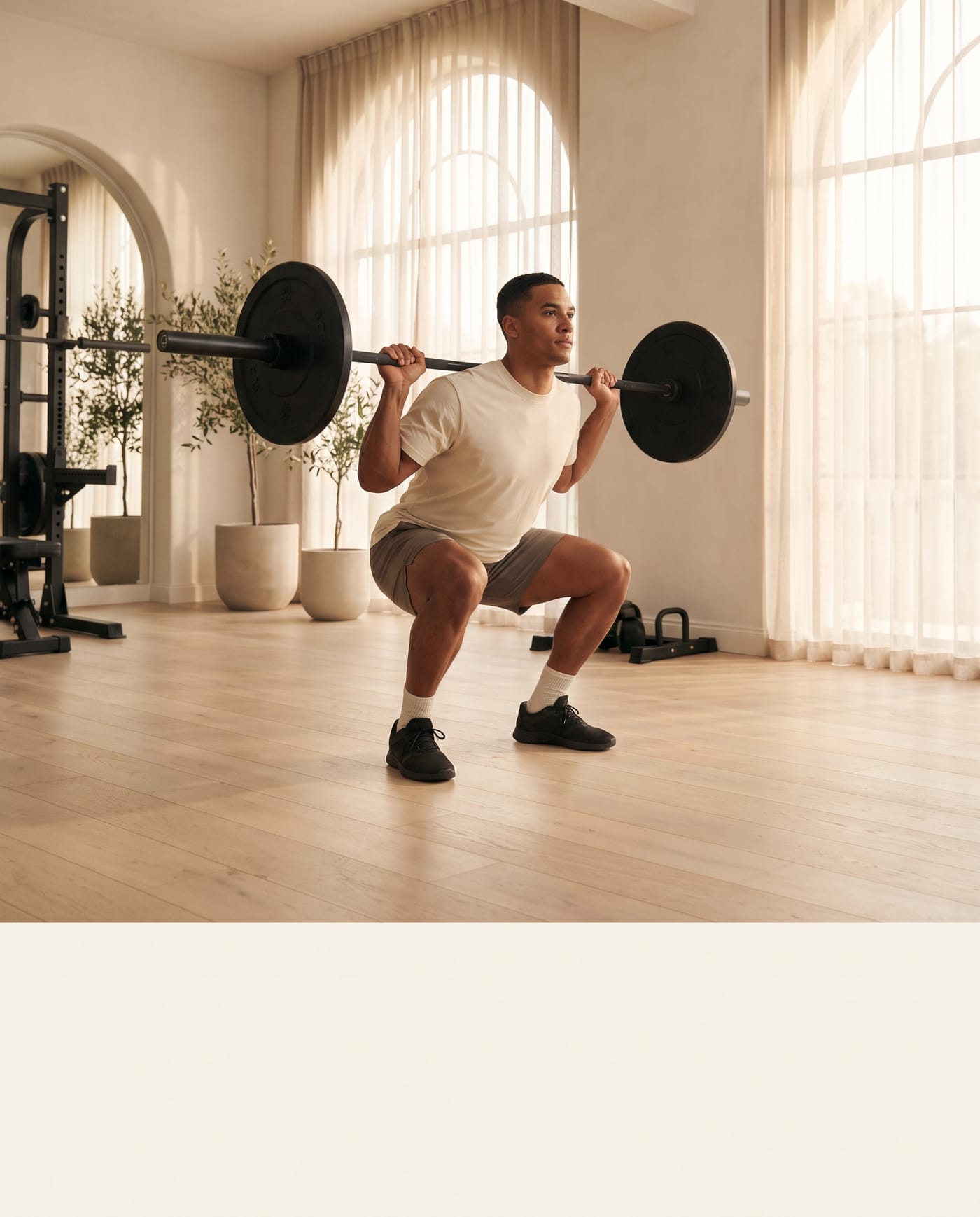 A lifter at the bottom of a controlled barbell back squat