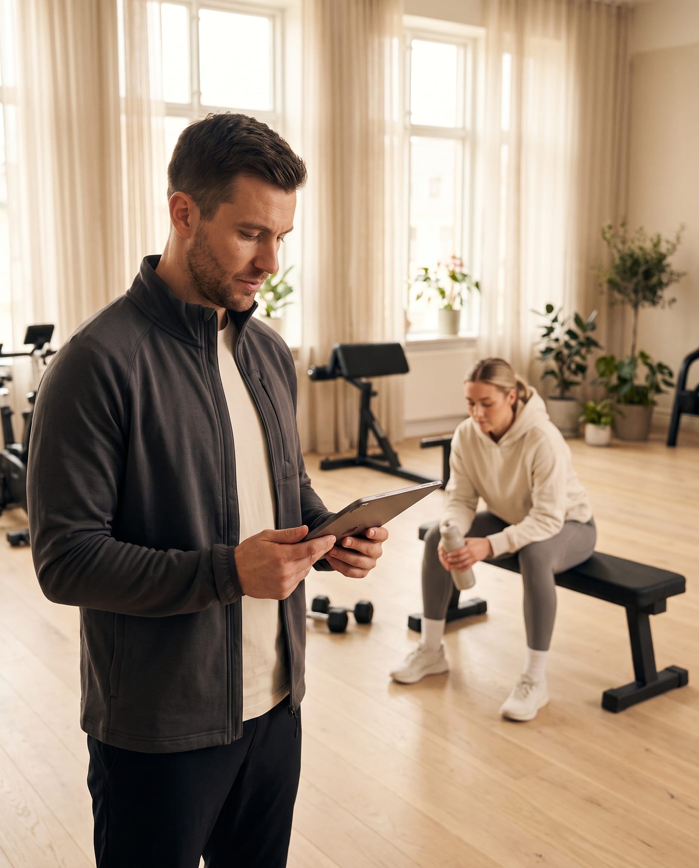 A personal trainer coaching two athletes through a session