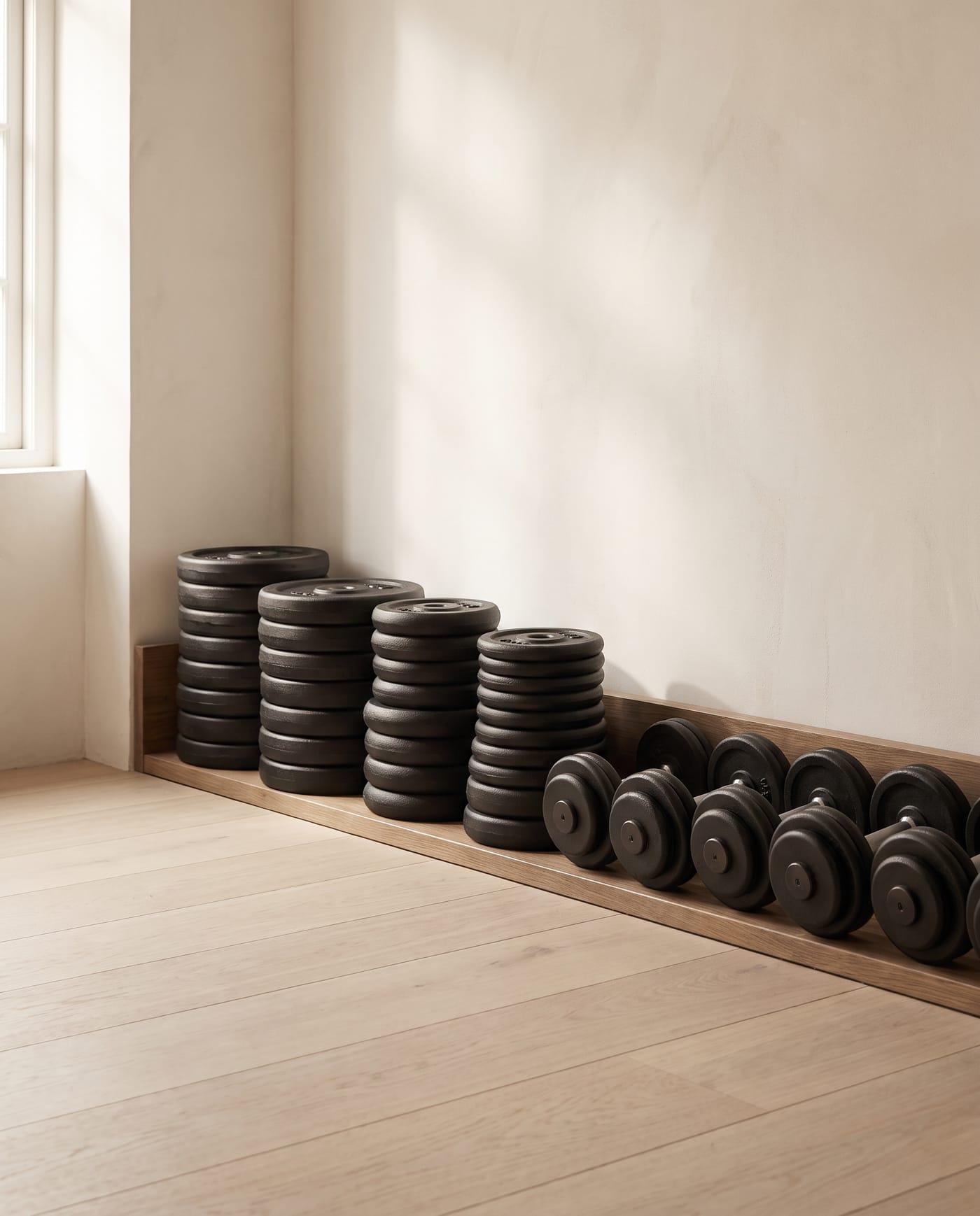 Racked dumbbells and weight plates in a gym