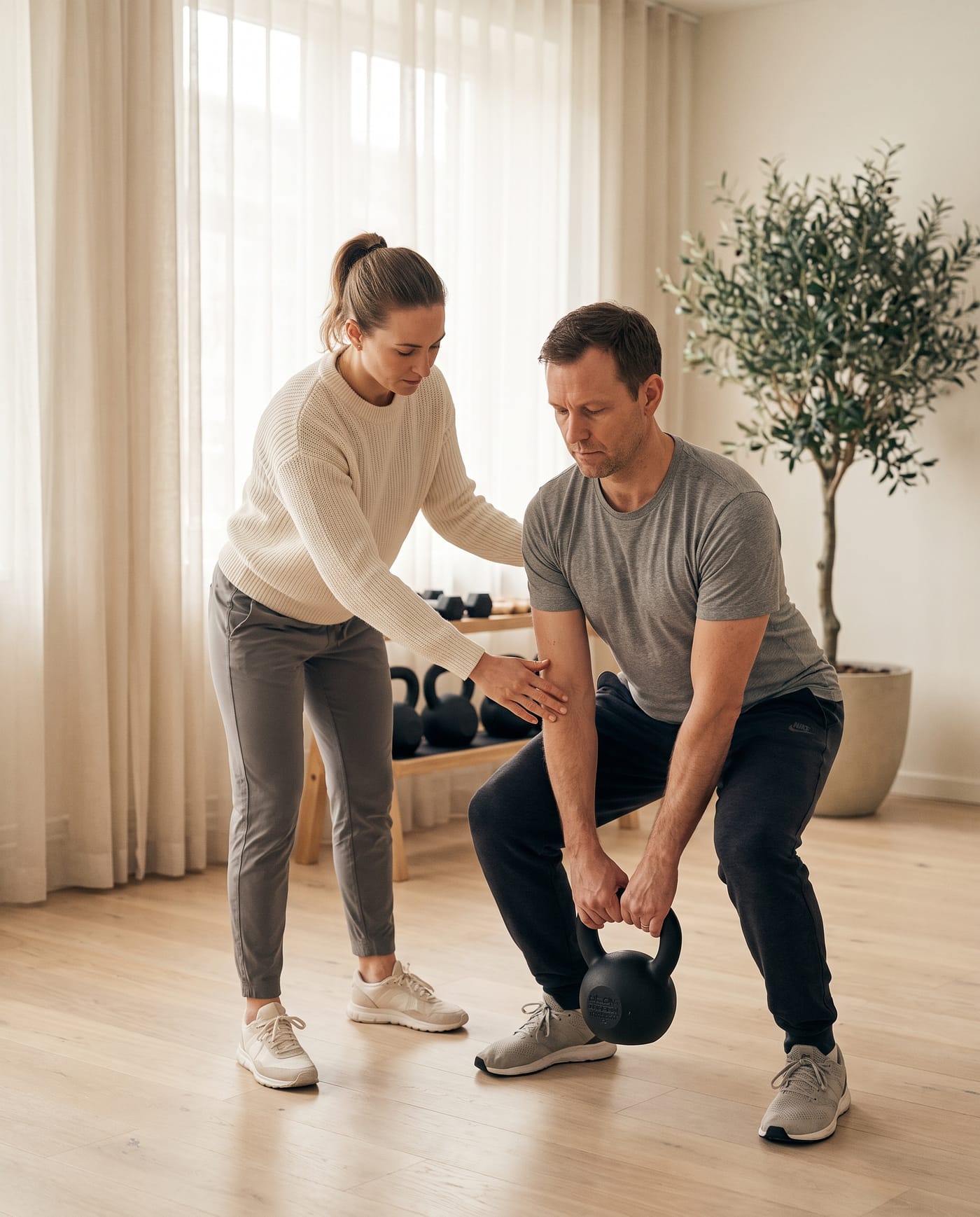 A coach guiding an athlete's grip and form on a barbell