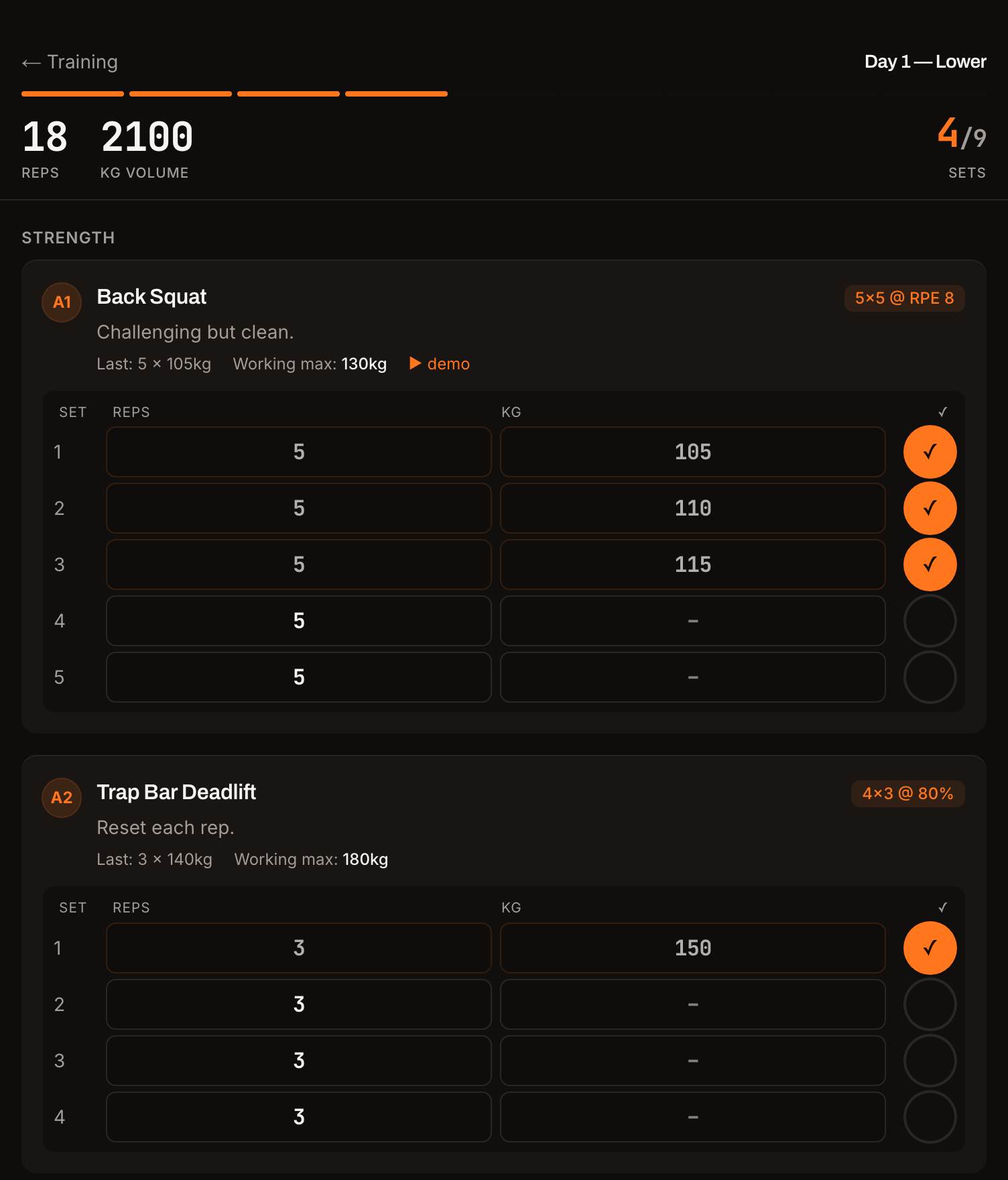 The Kadre session logger showing logged sets, working maxes, and live totals